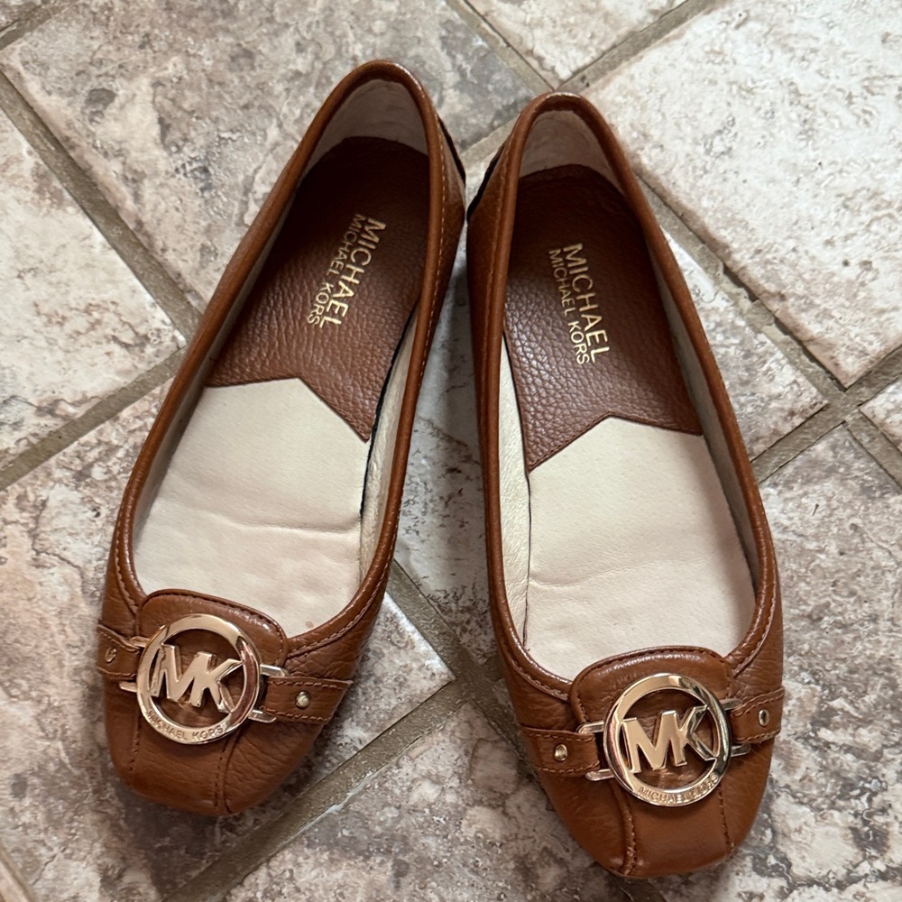 Michael Kors Cognac Leather Flats with Gold MK Emblem